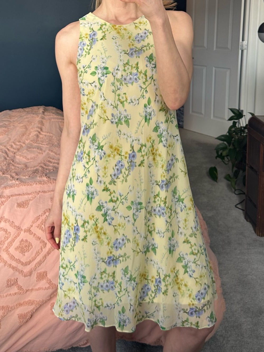 Chaps Butter Yellow Floral Mini Dress with Blue and Green Accents